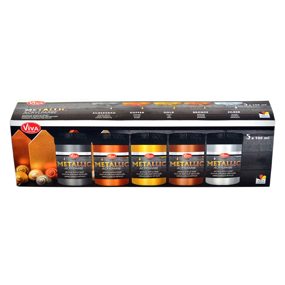 Viva Decor® Metallic Acrylic Paint (Silver, Silver Grey, Gold, Bronze, Copper, 5 x 100 ml) Glamorous Acrylic Paint with Metallic Effect, Also as Pouring Acrylic Paint Set Metallic - Made in Germany