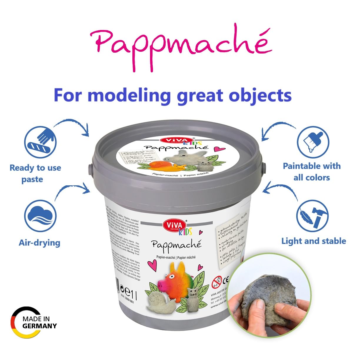 Viva Decor Kids Papier-Mache Children's Bucket, 1 kg, Ready to Use, No Touching, Papier Mache for Crafts for Nursery, School, Therapy and Home - Made in Germany