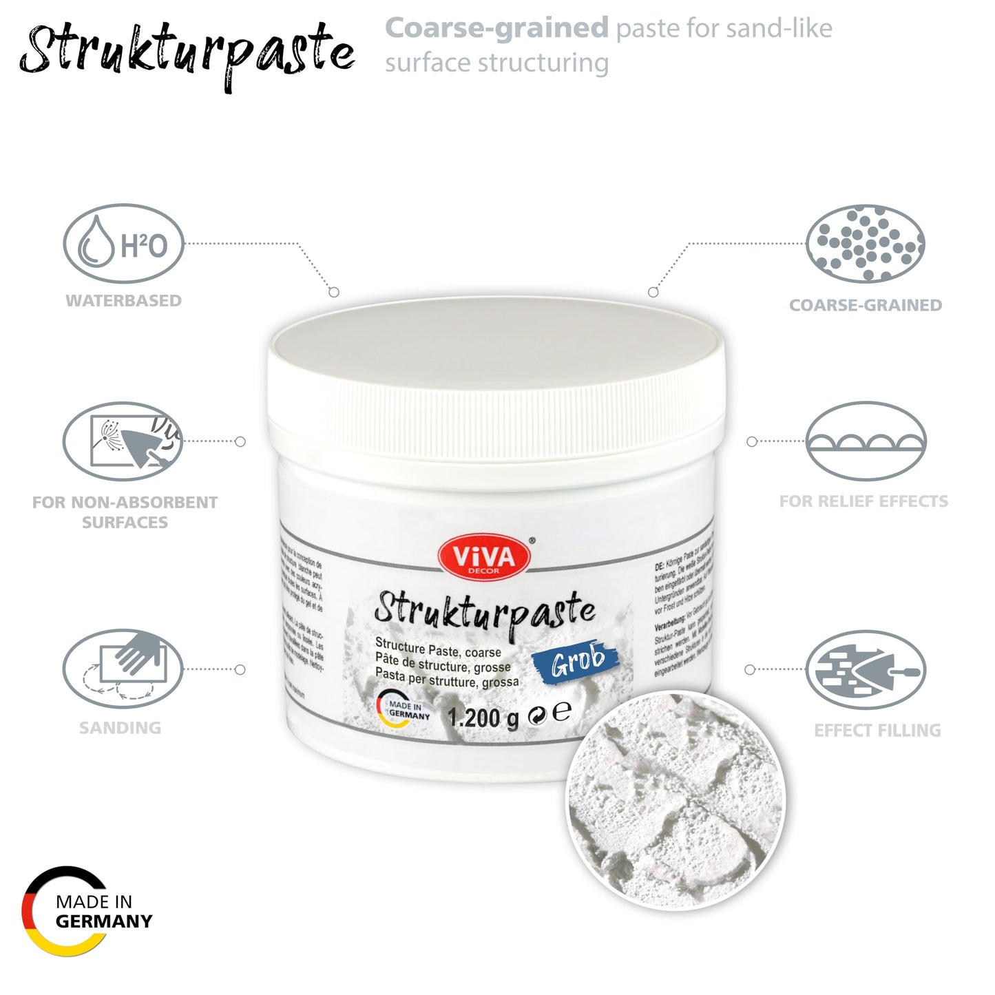 Viva Decor Structural Paste Coarse (1200 g, White) Matte, Grainy Paste Water-Based for Relief to Plastic Surface Structuring - for Creatives and Artists - Made in Germany