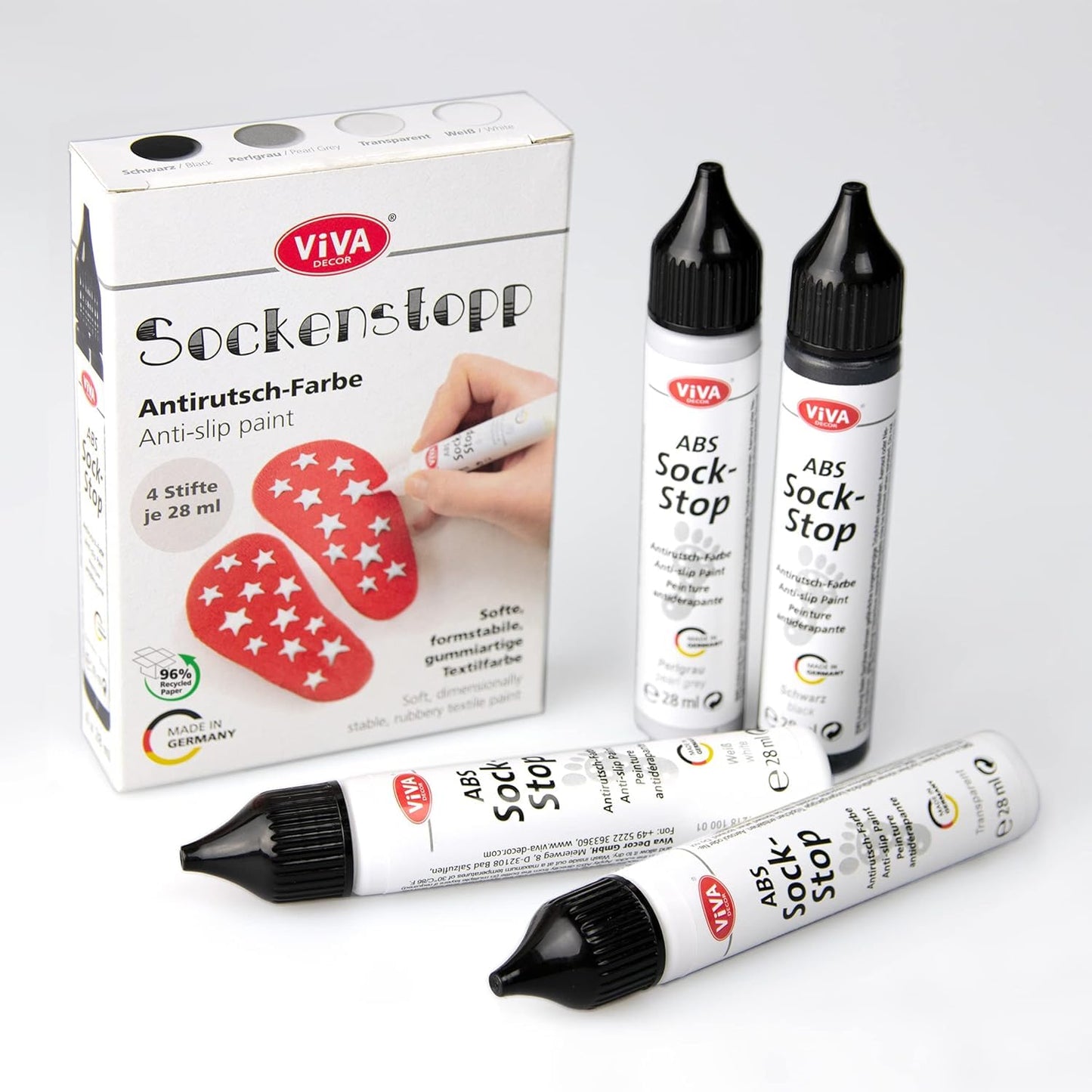 Viva Decor Sock Stop 4 x 28 ml Set - Non-Slip Solution for Socks - Black, White, Pearl Grey, Transparent