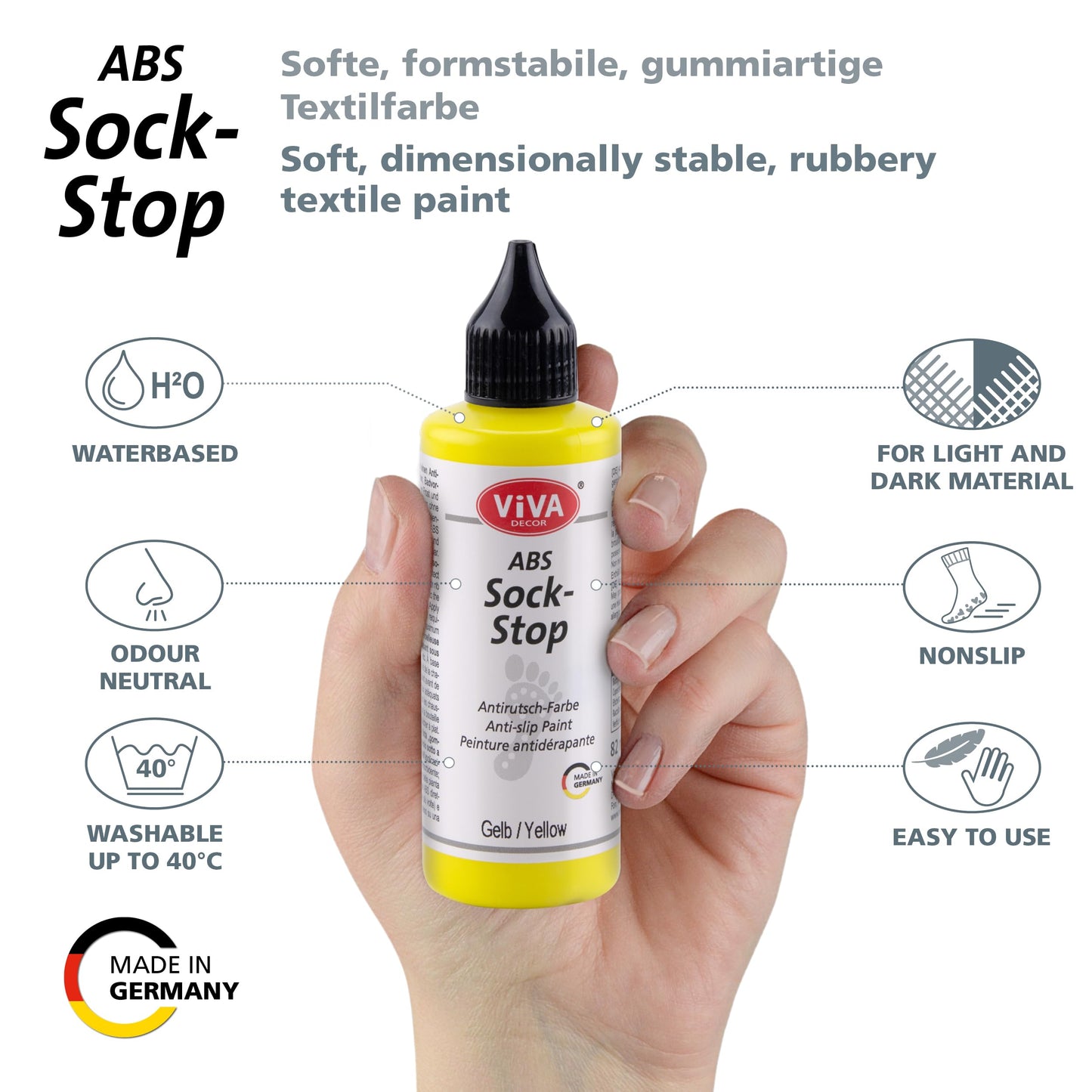 Viva Decor ABS Sock Stop (2.77 Fl oz, Yellow) - Fabric Paint for Non-Slip Socks, Bath Mats & More - Latex-Free, Water-Based, Washable - Secure Traction for All Surfaces