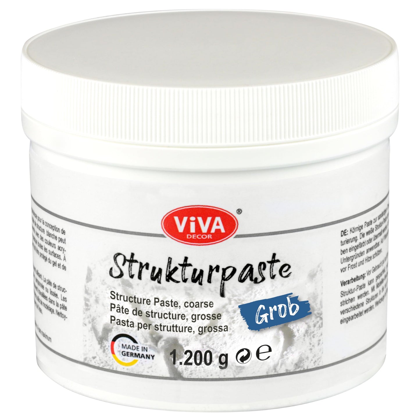 Viva Decor Structural Paste Coarse (1200 g, White) Matte, Grainy Paste Water-Based for Relief to Plastic Surface Structuring - for Creatives and Artists - Made in Germany