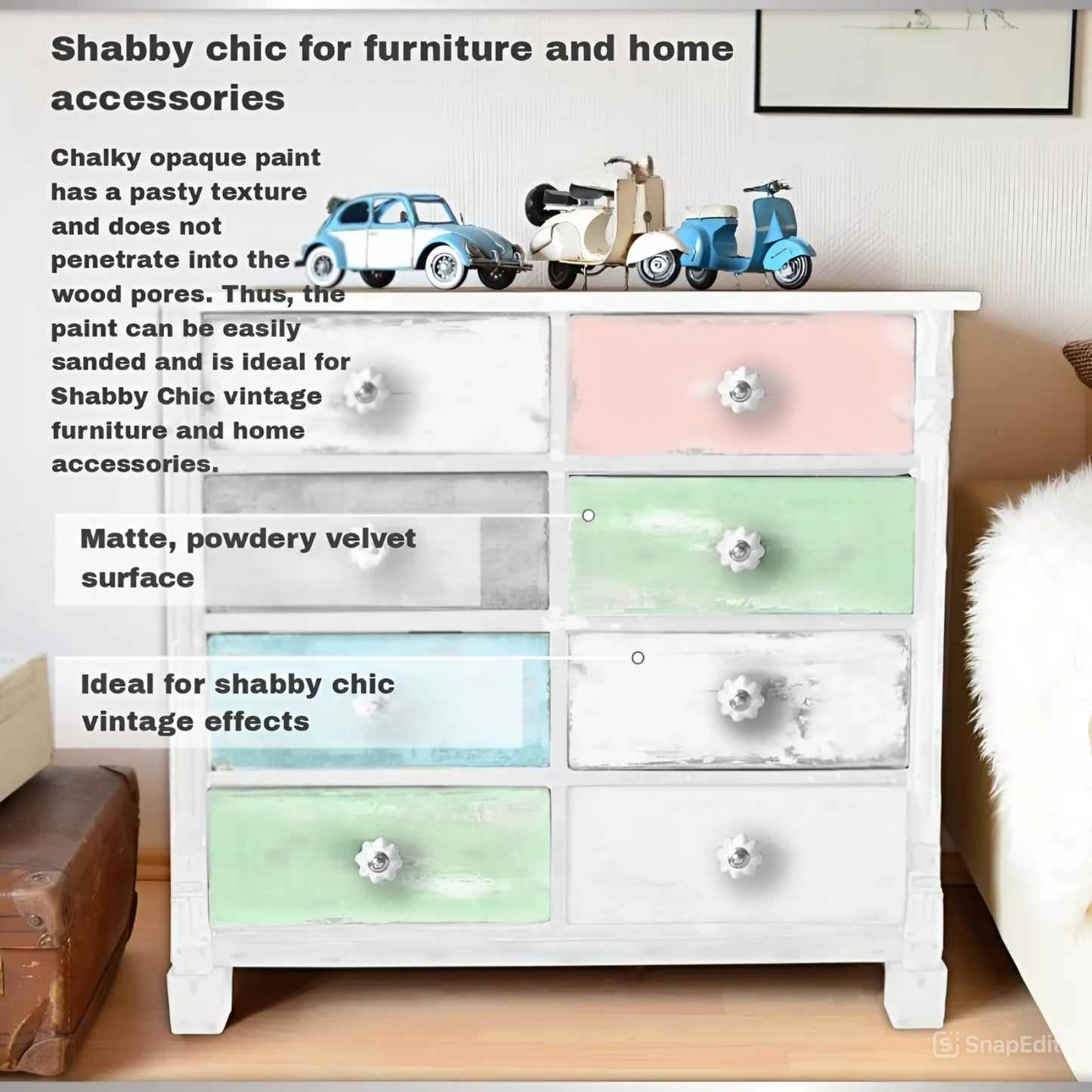 Viva Decor Chalk Paint for Furniture - Set of 5 (Pastel: White, Pink, Blue, Green, Grey, 5x3,38 fl oz) Painting DIY, Cabinets, Glass, Multi-Surface Craft Paint, Non-Toxic, All-in-One, Made in Germany