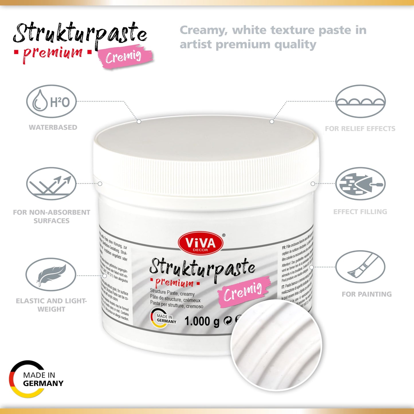 Viva Decor Textured Paste Premium Creamy (1000 g, White) Matte, Impasto Paste in Artist Quality, Colourable, Water-Based for Relief Surface Texture