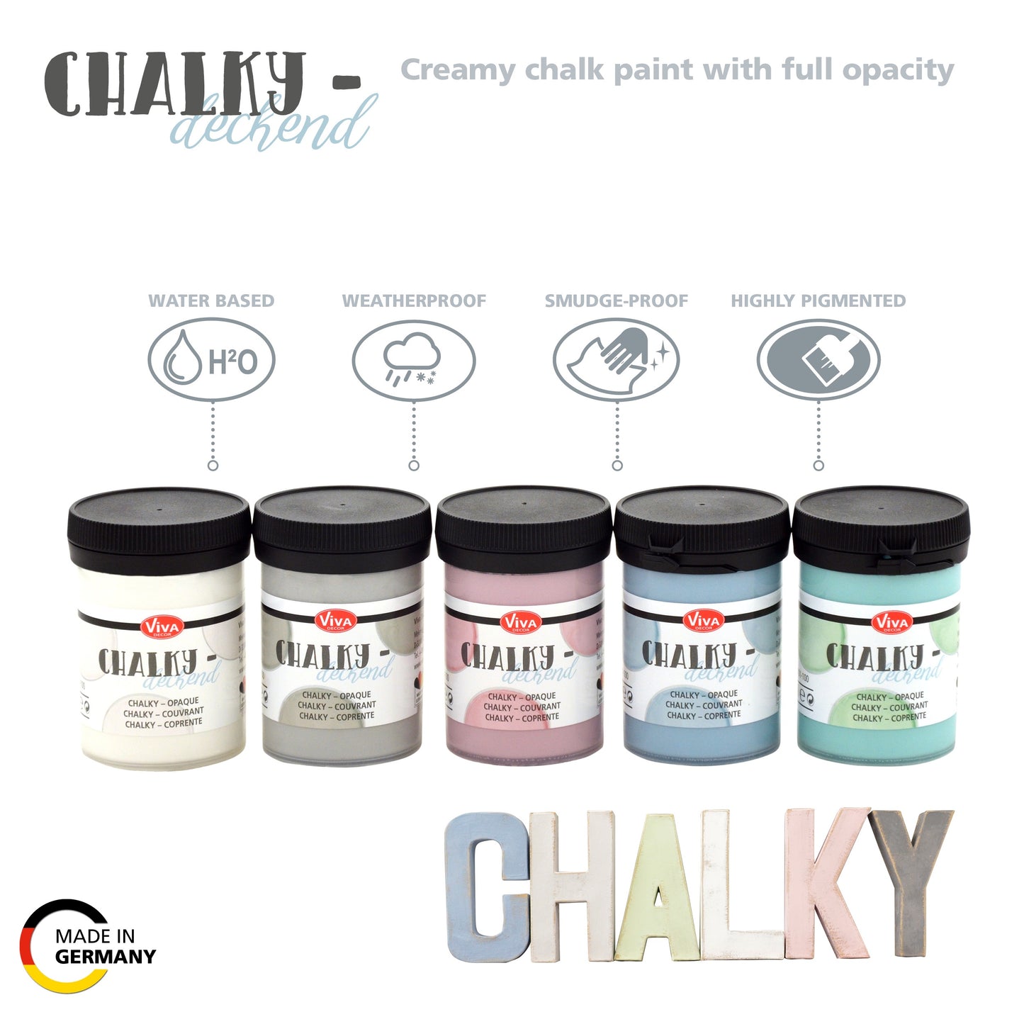 Viva Decor Chalk Paint for Furniture - Set of 5 (Pastel: White, Pink, Blue, Green, Grey, 5x3,38 fl oz) Painting DIY, Cabinets, Glass, Multi-Surface Craft Paint, Non-Toxic, All-in-One, Made in Germany