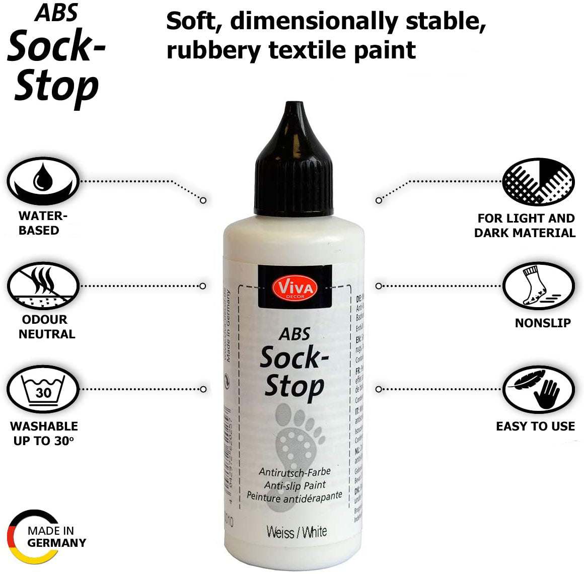 ABS Sock Stop non slip Liquid 2,77 fl oz,ABS anti skid fabric - liquid anti-slip for socks, mats, yoga -Viva Decor - Made In Germany