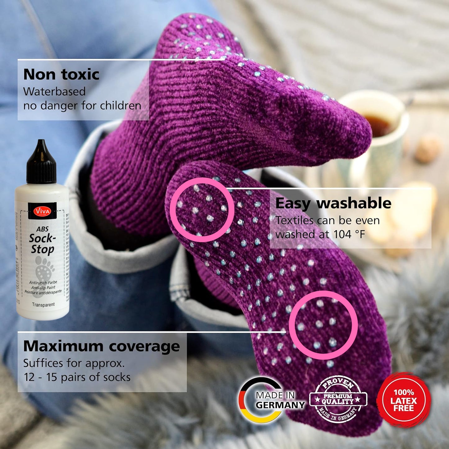 ABS Sock Stop non slip Liquid 2,77 fl oz,ABS anti skid fabric - liquid anti-slip for socks, mats, yoga -Viva Decor - Made In Germany